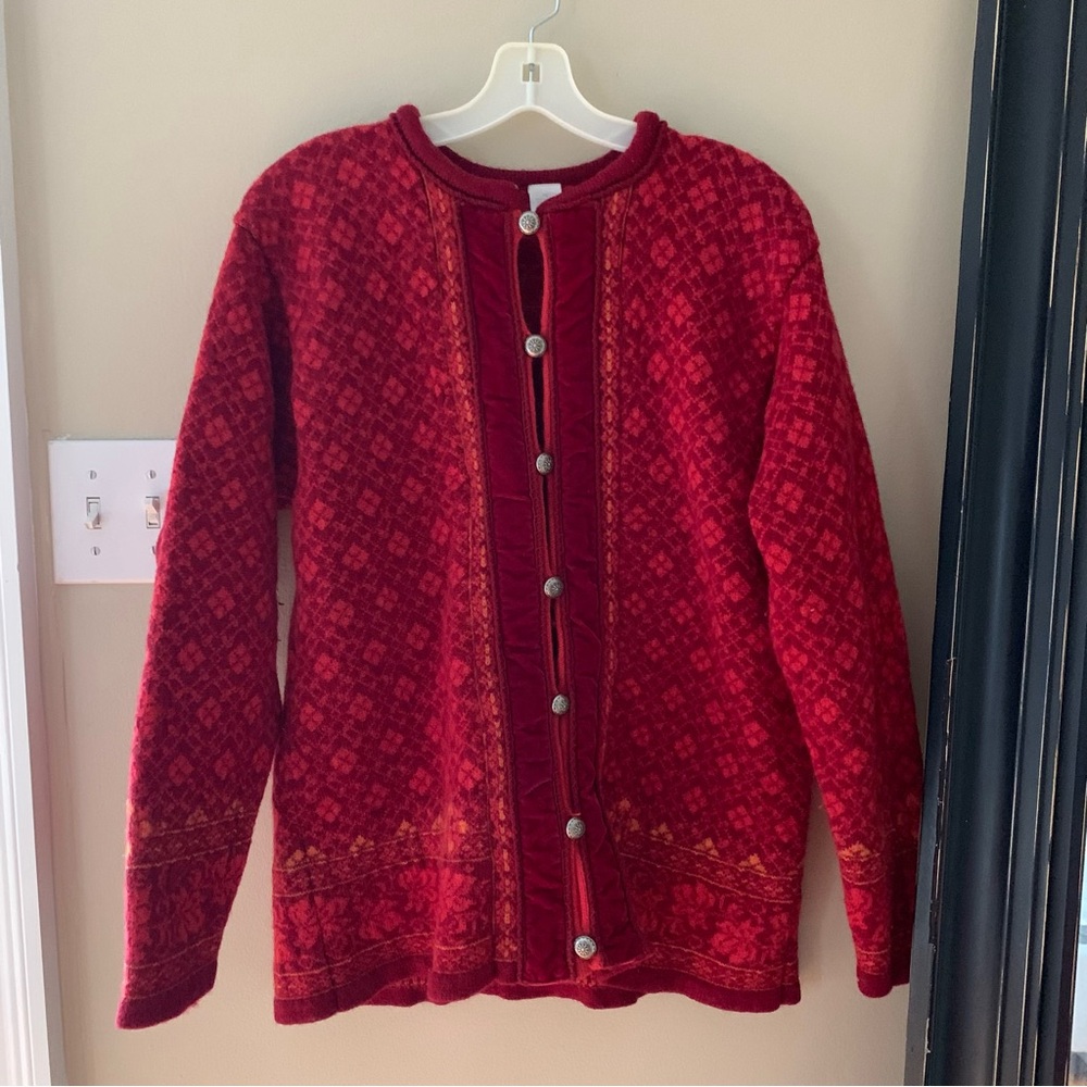 Snowflake Woman Wool Sweater 2X Red Scandanavian Folk Floral Velvet Fair Isle